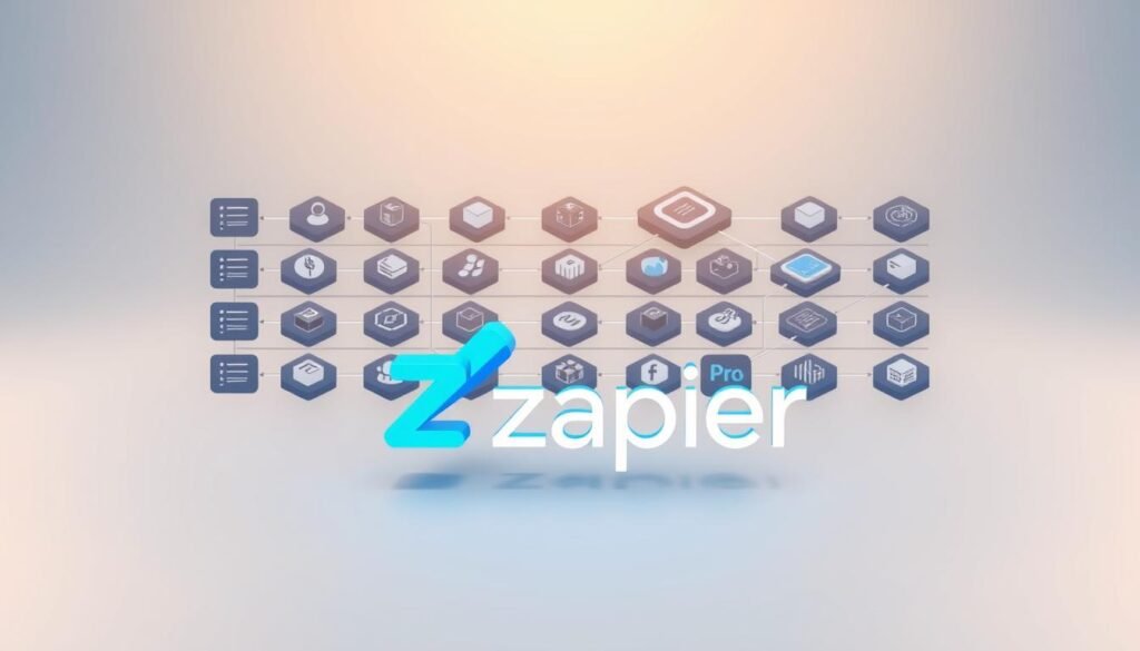 A sleek, minimalist illustration of the "Zapier" brand, showcasing its core functionality as a workflow automation platform. In the foreground, a stylized isometric representation of the Zapier "Z" logo, rendered in a vibrant electric blue hue. Behind it, a grid of interconnected modules and icons, symbolizing the seamless integration of various web applications. The middle ground features a subtle gradient backdrop, transitioning from a soft gray to a pale blue, evoking a sense of digital efficiency. The overall composition is bathed in a warm, diffused lighting, creating a professional, yet approachable atmosphere. The image should convey the power and simplicity of Zapier's business automation capabilities.