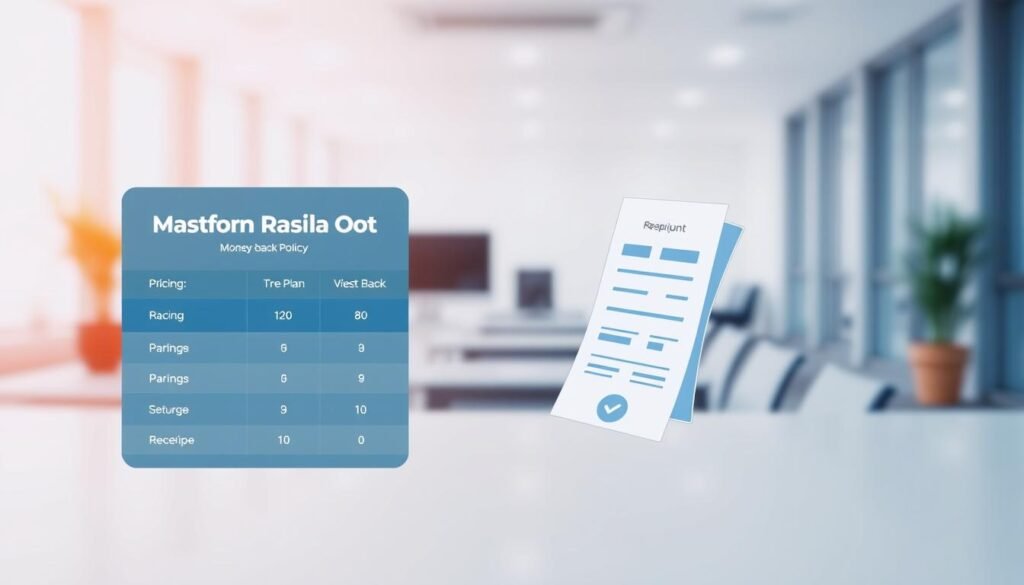 A sleek, minimalist infographic depicting a refund and money-back policy. The foreground features a simple pricing table with clearly-defined tiers and plan details, using a restrained color palette of blues and grays. In the middle ground, an outline of a digital receipt or transaction confirmation, conveying the secure and trustworthy nature of the service. The background is a softly blurred, professional office scene, with clean lines, subtle lighting, and a sense of reliability. The overall mood is one of transparency, fairness, and customer-centric values. A sleek, minimalist infographic depicting a refund and money-back policy. The foreground features a simple pricing table with clearly-defined tiers and plan details, using a restrained color palette of blues and grays. In the middle ground, an outline of a digital receipt or transaction confirmation, conveying the secure and trustworthy nature of the service. The background is a softly blurred, professional office scene, with clean lines, subtle lighting, and a sense of reliability. The overall mood is one of transparency, fairness, and customer-centric values.
