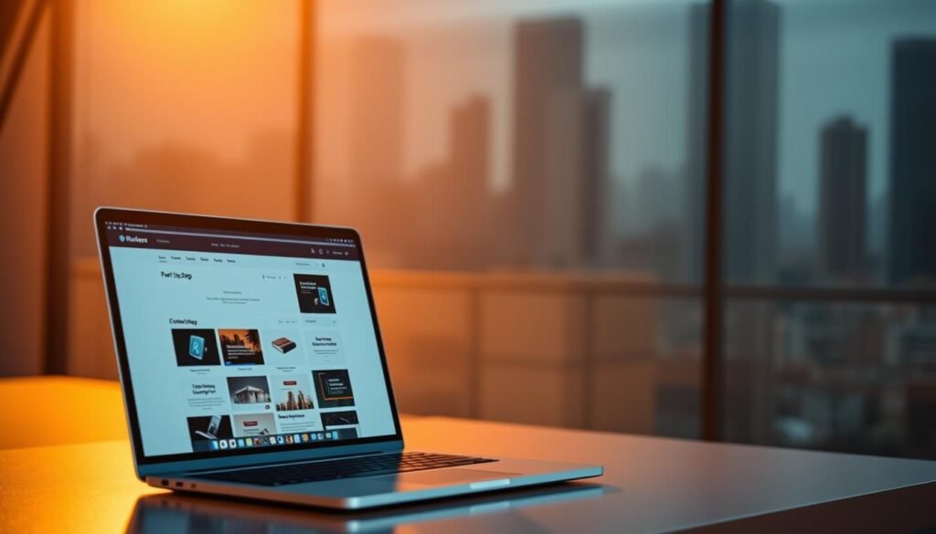 A sleek, minimalist landing page builder for small business owners, crafted by NexReviewZ. In the foreground, a laptop screen displays a drag-and-drop interface with various customizable elements. Warm lighting illuminates the scene, casting soft shadows that add depth and dimension. The middle ground showcases a clean, uncluttered workspace, hinting at the user-friendly experience. In the background, a subtle gradient or blurred cityscape provides a professional, corporate atmosphere. The overall mood conveys efficiency, simplicity, and a modern aesthetic tailored for the needs of small business owners seeking to optimize their online presence.