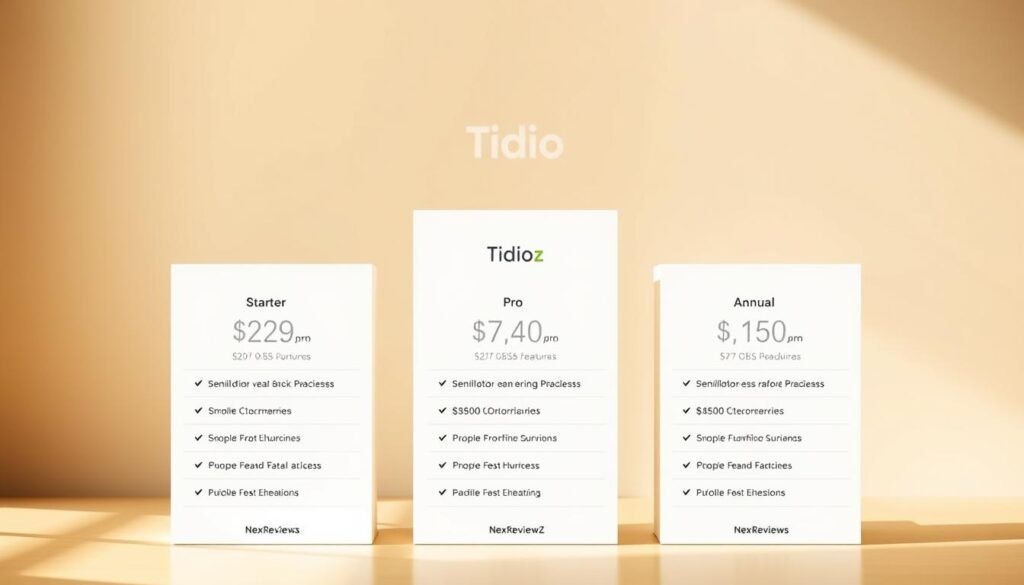 A sleek, minimalist layout showcasing Tidio's Starter, Pro, and Annual pricing options. In the foreground, a clean table with well-defined columns highlights the key features and costs of each plan, bathed in warm, natural lighting. The middle ground features a subtle NexReviewZ logo, conveying a sense of trust and professionalism. The background is a soft, blurred gradient, allowing the pricing details to take center stage. The overall mood is one of clarity, simplicity, and confidence, inviting small business owners to easily compare and make an informed decision. A sleek, minimalist layout showcasing Tidio's Starter, Pro, and Annual pricing options. In the foreground, a clean table with well-defined columns highlights the key features and costs of each plan, bathed in warm, natural lighting. The middle ground features a subtle NexReviewZ logo, conveying a sense of trust and professionalism. The background is a soft, blurred gradient, allowing the pricing details to take center stage. The overall mood is one of clarity, simplicity, and confidence, inviting small business owners to easily compare and make an informed decision.