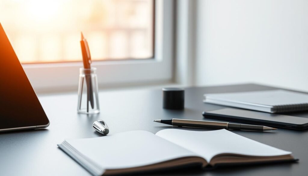 A sleek, minimalist office desk with a variety of writing tools neatly arranged, including a fountain pen, mechanical pencil, and a modern stylus. Soft, diffused lighting from a large window illuminates the scene, creating a warm and inviting atmosphere. In the foreground, a small notebook lies open, hinting at the potential benefits of these tools for small business productivity and organization. The overall scene conveys a sense of efficiency, creativity, and attention to detail - essential qualities for small businesses seeking to streamline their operations and elevate their brand. A sleek, minimalist office desk with a variety of writing tools neatly arranged, including a fountain pen, mechanical pencil, and a modern stylus. Soft, diffused lighting from a large window illuminates the scene, creating a warm and inviting atmosphere. In the foreground, a small notebook lies open, hinting at the potential benefits of these tools for small business productivity and organization. The overall scene conveys a sense of efficiency, creativity, and attention to detail - essential qualities for small businesses seeking to streamline their operations and elevate their brand.