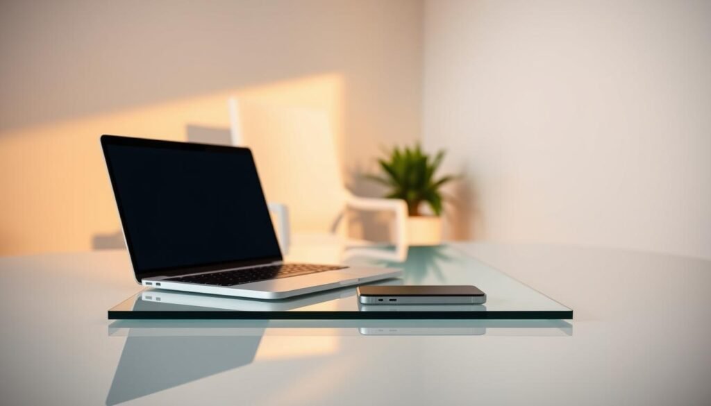 A sleek, minimalist office scene with a transparent background. In the foreground, a laptop and smartphone are neatly arranged on a modern, glass-topped desk, casting subtle reflections. The middle ground features a simple, white chair and a potted plant, creating a balanced, professional ambiance. The background is softly blurred, allowing the focus to remain on the tech devices. Warm, directional lighting illuminates the scene, casting gentle shadows and highlighting the streamlined, clutter-free design. The overall mood is one of efficiency, organization, and a seamless digital workflow, suitable for illustrating a section on handling bulk image uploads and exports.
