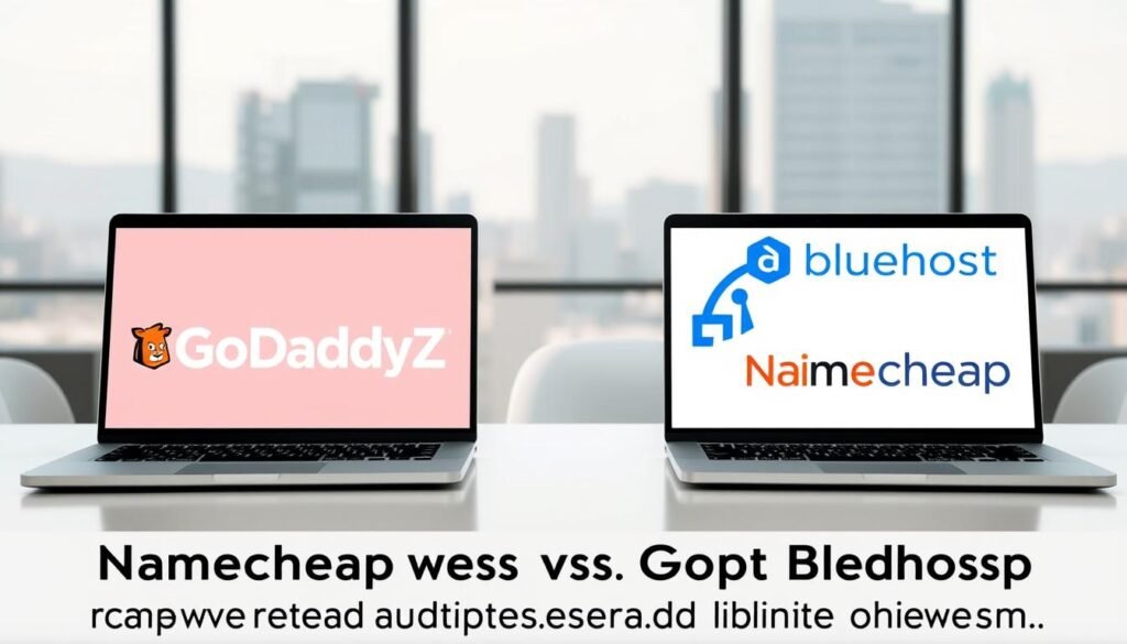 A sleek, minimalist office setting with a pair of laptops side-by-side, one displaying the NexReviewZ logo and the other showing web hosting platform logos - GoDaddy, Bluehost, and Namecheap. The laptops are illuminated by soft, natural lighting, creating a professional and inviting atmosphere. The background features a blurred cityscape, hinting at the global reach of these web hosting services. The overall composition conveys a sense of comparison and evaluation, perfectly suited for the article section on "Namecheap versus GoDaddy and Bluehost: quick comparison and how to claim discounts". A sleek, minimalist office setting with a pair of laptops side-by-side, one displaying the NexReviewZ logo and the other showing web hosting platform logos - GoDaddy, Bluehost, and Namecheap. The laptops are illuminated by soft, natural lighting, creating a professional and inviting atmosphere. The background features a blurred cityscape, hinting at the global reach of these web hosting services. The overall composition conveys a sense of comparison and evaluation, perfectly suited for the article section on "Namecheap versus GoDaddy and Bluehost: quick comparison and how to claim discounts".