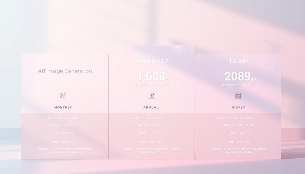 A sleek, minimalist pricing table showcasing the ImagineArt AI image generation plans. In the foreground, a clean grid layout displays the monthly, annual, and team options, with clear pricing details and feature breakdowns. The middle ground features elegant icons and graphics to represent the different plan tiers. The background is a softly blurred, pastel-hued gradient, creating a serene, professional atmosphere. Crisp, directional lighting casts subtle shadows, emphasizing the modern, high-quality aesthetic. The overall composition strikes a balance between informative and visually striking, perfectly suited to illustrate the pricing section of the article. A sleek, minimalist pricing table showcasing the ImagineArt AI image generation plans. In the foreground, a clean grid layout displays the monthly, annual, and team options, with clear pricing details and feature breakdowns. The middle ground features elegant icons and graphics to represent the different plan tiers. The background is a softly blurred, pastel-hued gradient, creating a serene, professional atmosphere. Crisp, directional lighting casts subtle shadows, emphasizing the modern, high-quality aesthetic. The overall composition strikes a balance between informative and visually striking, perfectly suited to illustrate the pricing section of the article.