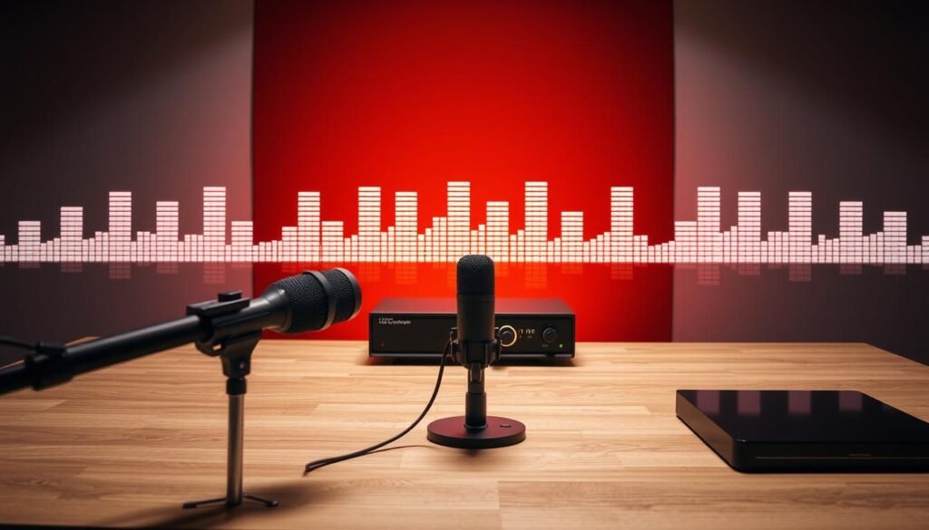 A sleek, minimalistic voice generator device, its clean lines and matte black finish accentuating its technological prowess. The device stands atop a modern, wooden desk, casting a warm glow from its softly illuminated controls. In the foreground, a high-quality microphone captures the user's voice, while in the background, a series of audio visualization bars pulsate rhythmically, conveying the power of the generative audio technology at work. The scene is lit by a combination of directional lighting from above and ambient illumination, creating a professional, studio-like atmosphere that reflects the capabilities of this advanced voice cloning solution.