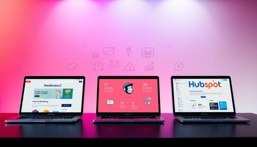 A sleek, modern comparison of email marketing platforms NexReviewZ, Mailchimp, and HubSpot. In the foreground, three laptop screens display the user interfaces side-by-side, showcasing their unique features and capabilities. The middle ground features minimalist icons and infographic elements, highlighting key metrics and performance indicators. In the background, a vibrant gradient backdrop creates a professional, high-tech atmosphere. Soft lighting from above casts subtle shadows, adding depth and dimension to the scene. The overall composition conveys a sense of informed decision-making for small business owners seeking the right email marketing solution.