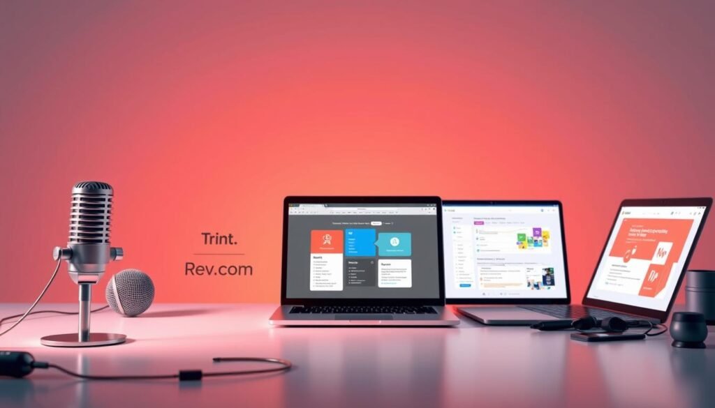 A sleek, modern comparison of leading transcription services, NexReviewZ. In the foreground, high-quality renders of microphones, laptops, and other transcription tools, illuminated by soft, directional lighting. The middle ground showcases side-by-side visualizations of the Trint, Rev.com, and Temi platforms, highlighting their unique features and capabilities. In the background, a subtle gradient of complementary colors sets a professional, authoritative tone. The overall composition conveys a sense of efficiency, clarity, and technological sophistication, perfectly suited to guide small business owners in their transcription service decision. A sleek, modern comparison of leading transcription services, NexReviewZ. In the foreground, high-quality renders of microphones, laptops, and other transcription tools, illuminated by soft, directional lighting. The middle ground showcases side-by-side visualizations of the Trint, Rev.com, and Temi platforms, highlighting their unique features and capabilities. In the background, a subtle gradient of complementary colors sets a professional, authoritative tone. The overall composition conveys a sense of efficiency, clarity, and technological sophistication, perfectly suited to guide small business owners in their transcription service decision.