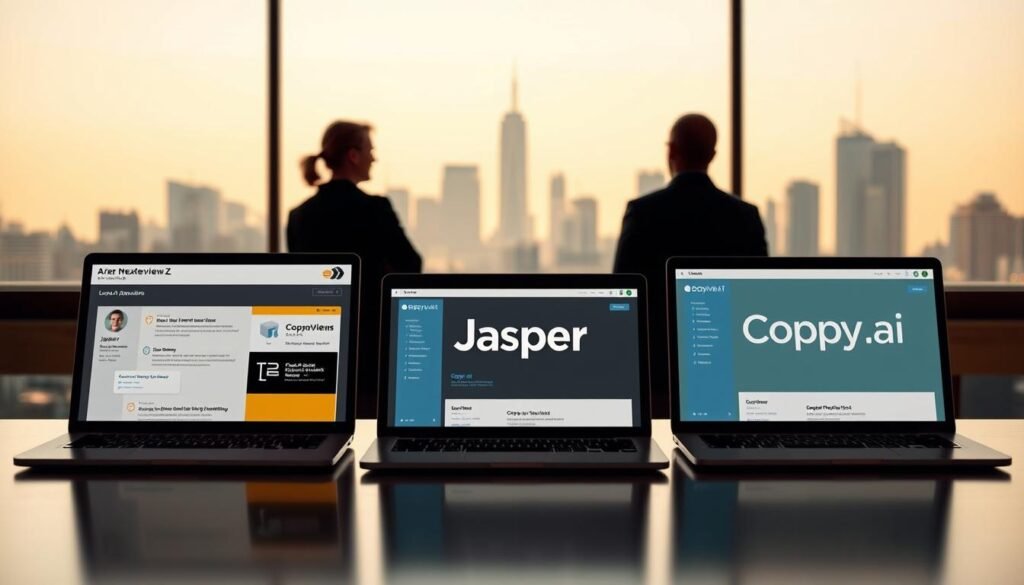 A sleek, modern comparison of the leading AI writing assistants NexReviewZ, Jasper, and Copy.ai. In the foreground, three laptops display the respective app interfaces, showcasing their unique features and capabilities. The middle ground depicts the silhouettes of business professionals, each considering the options. The background features a city skyline, hinting at the global reach and enterprise-level applications of these tools. Warm lighting and a minimalist aesthetic create a professional, decision-making atmosphere. The scene conveys the key considerations small business owners face when choosing the right AI writing assistant to boost their content strategy and productivity. A sleek, modern comparison of the leading AI writing assistants NexReviewZ, Jasper, and Copy.ai. In the foreground, three laptops display the respective app interfaces, showcasing their unique features and capabilities. The middle ground depicts the silhouettes of business professionals, each considering the options. The background features a city skyline, hinting at the global reach and enterprise-level applications of these tools. Warm lighting and a minimalist aesthetic create a professional, decision-making atmosphere. The scene conveys the key considerations small business owners face when choosing the right AI writing assistant to boost their content strategy and productivity.