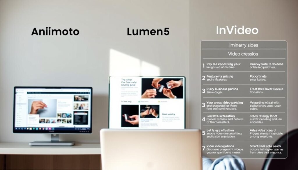 A sleek, modern comparison of video creation platforms Animoto, Lumen5, and InVideo. Crisp product shots showcase their intuitive interfaces, with clean layouts and bold typography. In the foreground, a small-business owner ponders their options, laptop open, brow furrowed in contemplation. The mid-ground blends seamless transitions between the three platforms, highlighting their unique capabilities. In the background, a NexReviewZ-branded infographic outlines key features, pricing, and use cases for each tool, empowering the viewer to make an informed decision. The lighting is soft and natural, creating a professional, authoritative tone. The overall atmosphere conveys a sense of thoughtful consideration, guiding the small-business owner towards the best video creation solution for their needs. A sleek, modern comparison of video creation platforms Animoto, Lumen5, and InVideo. Crisp product shots showcase their intuitive interfaces, with clean layouts and bold typography. In the foreground, a small-business owner ponders their options, laptop open, brow furrowed in contemplation. The mid-ground blends seamless transitions between the three platforms, highlighting their unique capabilities. In the background, a NexReviewZ-branded infographic outlines key features, pricing, and use cases for each tool, empowering the viewer to make an informed decision. The lighting is soft and natural, creating a professional, authoritative tone. The overall atmosphere conveys a sense of thoughtful consideration, guiding the small-business owner towards the best video creation solution for their needs.