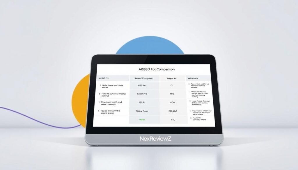 A sleek, modern comparison tool set against a clean, minimalist background. In the foreground, a NexReviewZ-branded device with a clear, high-contrast display showing side-by-side comparisons of AISEO Pro, Jasper AI, and Writesonic features. Soft, directional lighting illuminates the device, creating depth and highlighting the details. The middle ground features abstract shapes and lines in complementary colors, guiding the eye towards the central comparison tool. The background has a subtle gradient, maintaining focus on the comparison device while conveying a sense of professionalism and authority. Overall, a visually striking and informative illustration for small business owners evaluating AI writing assistants.