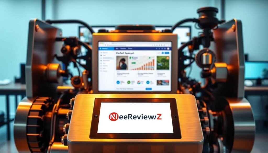 A sleek, modern content engine with clean lines and intuitive controls, designed to streamline content creation and campaign management for small business owners. The engine is illuminated by warm, focused lighting, casting a soft glow on the brushed steel chassis. In the foreground, a touchscreen display showcases the NexReviewZ brand, inviting users to effortlessly navigate the engine's powerful features. The middle ground features a minimalist layout of content management tools, while the background suggests a high-tech, productive workspace. The overall atmosphere conveys efficiency, productivity, and a sense of empowerment for small business teams. A sleek, modern content engine with clean lines and intuitive controls, designed to streamline content creation and campaign management for small business owners. The engine is illuminated by warm, focused lighting, casting a soft glow on the brushed steel chassis. In the foreground, a touchscreen display showcases the NexReviewZ brand, inviting users to effortlessly navigate the engine's powerful features. The middle ground features a minimalist layout of content management tools, while the background suggests a high-tech, productive workspace. The overall atmosphere conveys efficiency, productivity, and a sense of empowerment for small business teams.