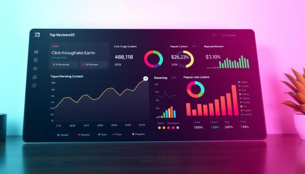 A sleek, modern dashboard showcasing NexReviewZ's top-performing content and earnings metrics. In the foreground, a clean interface displays a line graph highlighting the growth of click-through rates and revenue. The middle ground features vibrant, data-driven visualizations, including pie charts and bar graphs that provide an at-a-glance overview of the most popular content. In the background, a subtle gradient adds depth and sophistication, creating a professional, tech-forward atmosphere. Soft, directional lighting enhances the details and emphasizes the key performance indicators, guiding the viewer's attention to the most important information. This visually striking image will captivate small business owners, inviting them to explore NexReviewZ's powerful features and pricing plans.