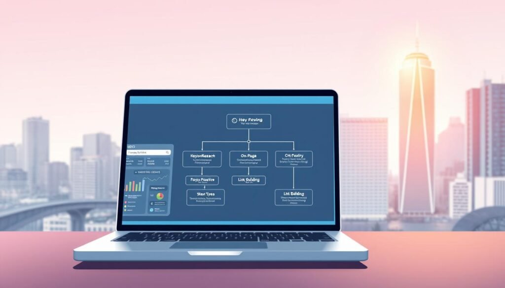 A sleek, modern illustration showcasing the key steps of a comprehensive SEO workflow. In the foreground, a stylized laptop displays a dashboard with SEO metrics and insights. The middle ground features a hierarchy of interconnected tasks, from keyword research to on-page optimization and link building, all in a clean, intuitive layout. In the background, a cityscape with the NexReviewZ logo subtly integrated into the skyline, conveying a sense of professionalism and authority. Bright, warm lighting casts a dynamic glow, evoking a productive, results-driven atmosphere.