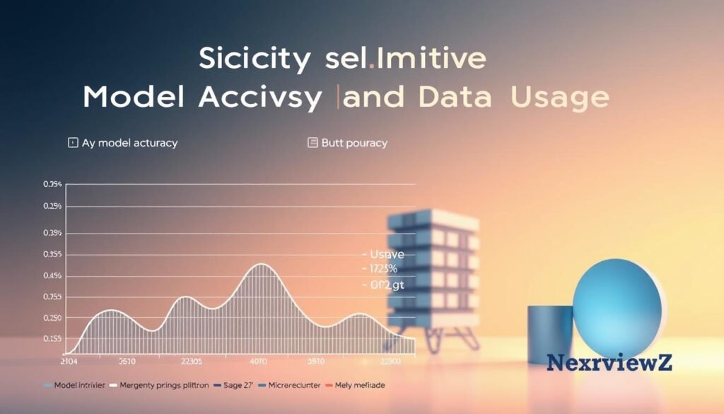A sleek, modern illustration showcasing the model accuracy and data usage of NexReviewZ's AI-driven pricing platform. In the foreground, a detailed line graph depicts performance metrics, with crisp data visualizations highlighting key insights. The middle ground features a stylized 3D model, subtly hinting at the advanced technology powering the platform. The background bathes the scene in a soft, warm glow, conveying a sense of trust and reliability. Subtle product branding is tastefully integrated, creating a cohesive and visually striking representation of the platform's capabilities.