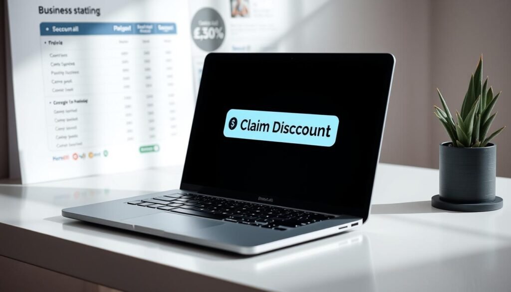 A sleek, modern-looking image featuring a laptop with a prominent "Claim Discount" button or call-to-action prominently displayed on the screen. The laptop is placed on a clean, minimalist desk, with a subtle background of a pricing comparison table or other relevant business graphics. The lighting is soft and directional, creating a professional and inviting atmosphere. The overall composition should convey a sense of simplicity, efficiency, and the opportunity to save money through a Dzine.ai discount or coupon.