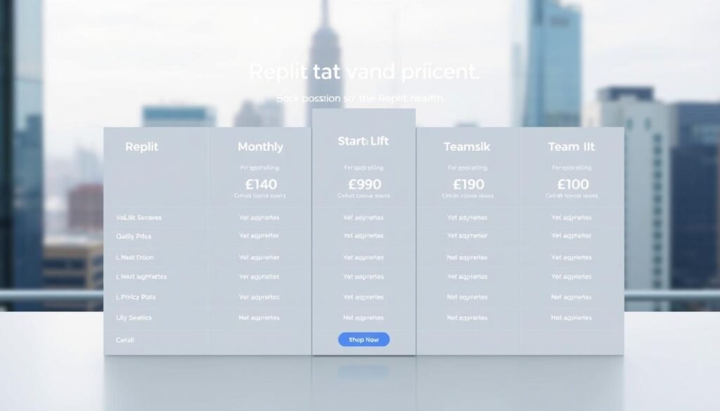 A sleek, modern-looking pricing table with clear headers and columns showcasing Replit's different monthly, annual, and team plans for startups. The table has a clean, minimalist design with sharp lines, subtle gradients, and a neutral color palette that complements the Replit branding. The background features a soft, blurred cityscape with skyscrapers, hinting at the professional, enterprise-level nature of the offering. The lighting is soft and diffused, creating a sense of sophistication and elegance. The overall tone is one of clarity, organization, and a focus on the key details that startup teams would need to make an informed decision about Replit's pricing options.