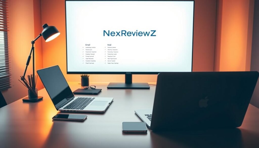 A sleek, modern office desk with a laptop, smartphone, and desk accessories. In the background, a large monitor displays a minimalistic email search interface, the NexReviewZ brand prominently featured. Warm, directional lighting illuminates the scene, creating a professional and productive atmosphere. The composition emphasizes efficiency, technology, and the seamless integration of tools for small business owners seeking a powerful email finder solution. A sleek, modern office desk with a laptop, smartphone, and desk accessories. In the background, a large monitor displays a minimalistic email search interface, the NexReviewZ brand prominently featured. Warm, directional lighting illuminates the scene, creating a professional and productive atmosphere. The composition emphasizes efficiency, technology, and the seamless integration of tools for small business owners seeking a powerful email finder solution.