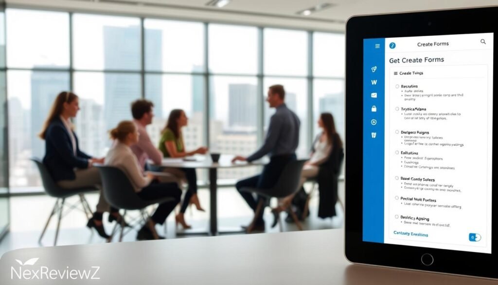 A sleek, modern office interior with a minimalist aesthetic. In the foreground, a NexReviewZ-branded tablet displays an intuitive "Create Forms" interface, showcasing its clean design and user-friendly features. The middle ground features a collaborative workspace with a group of young professionals engaged in discussion, highlighting the tool's collaborative capabilities. The background depicts large windows overlooking a bustling cityscape, conveying a sense of productivity and innovation. The lighting is soft and natural, creating a warm, inviting atmosphere. The overall scene communicates the value of NexReviewZ's "Create Forms" functionality for small businesses seeking an efficient, visually appealing solution. A sleek, modern office interior with a minimalist aesthetic. In the foreground, a NexReviewZ-branded tablet displays an intuitive "Create Forms" interface, showcasing its clean design and user-friendly features. The middle ground features a collaborative workspace with a group of young professionals engaged in discussion, highlighting the tool's collaborative capabilities. The background depicts large windows overlooking a bustling cityscape, conveying a sense of productivity and innovation. The lighting is soft and natural, creating a warm, inviting atmosphere. The overall scene communicates the value of NexReviewZ's "Create Forms" functionality for small businesses seeking an efficient, visually appealing solution.