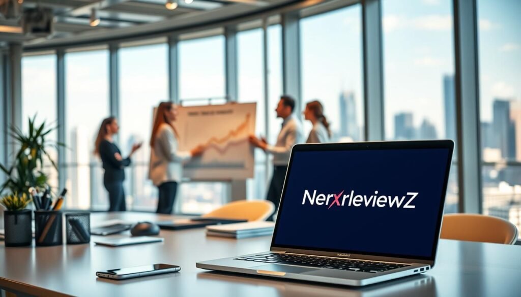 A sleek, modern office scene showcasing the concept of "affiliate management". In the foreground, a professional-looking laptop displays the NexReviewZ brand logo, surrounded by office supplies and a stylish desk organizer. The middle ground features a team of diverse individuals collaborating on a whiteboard, discussing strategies and metrics. The background depicts floor-to-ceiling windows overlooking a vibrant city skyline, creating a sense of productivity and success. The lighting is soft and warm, evoking a professional and polished atmosphere. The overall composition conveys the essence of effective affiliate program management for small business owners. A sleek, modern office scene showcasing the concept of "affiliate management". In the foreground, a professional-looking laptop displays the NexReviewZ brand logo, surrounded by office supplies and a stylish desk organizer. The middle ground features a team of diverse individuals collaborating on a whiteboard, discussing strategies and metrics. The background depicts floor-to-ceiling windows overlooking a vibrant city skyline, creating a sense of productivity and success. The lighting is soft and warm, evoking a professional and polished atmosphere. The overall composition conveys the essence of effective affiliate program management for small business owners.
