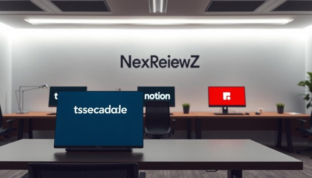 A sleek, modern office scene with three desks showcasing the task management software Taskade, Notion, and Trello. Soft, directional lighting illuminates the workspace, creating a professional yet inviting atmosphere. In the foreground, the Taskade logo prominently displayed, while Notion and Trello occupy the middle ground. The background features a clean, minimalist design with a large NexReviewZ logo, subtly indicating the source of this comparative analysis. The overall mood is one of efficiency, organization, and a clear understanding of the key players in the task management software market.