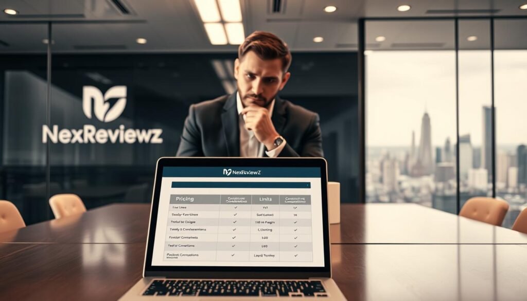 A sleek, modern office setting with a NexReviewZ logo prominently displayed. In the foreground, a laptop screen shows a pricing plan with clear delineations of limits and considerations. The middle ground features a thoughtful business owner reviewing the plan, brow furrowed in contemplation. The background showcases a panoramic view of a bustling city skyline, hinting at the broader business landscape. Soft, directional lighting casts a warm, professional tone, while the composition guides the viewer's eye through the key elements of the pricing plan's limits and considerations.