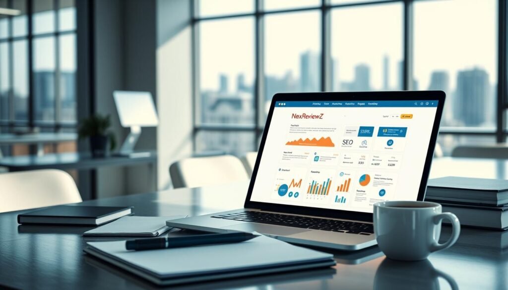 A sleek, modern office setting with a laptop displaying a web browser window showcasing the NexReviewZ platform. Bright, natural lighting illuminates the scene, highlighting the clean, minimalist design. In the foreground, various digital marketing elements such as SEO content, analytics graphs, and social media icons are arranged artfully, conveying the comprehensive suite of tools available to small business owners. The middle ground features a well-organized workspace with a notebook, pen, and a cup of coffee, suggesting the user's productive workflow. The background subtly depicts the hustle and bustle of a thriving small business, with a city skyline visible through the window, creating an aspirational and professional atmosphere.
