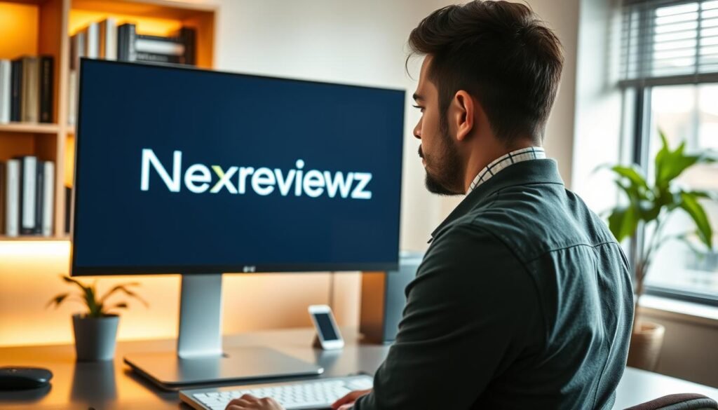A sleek, modern office setting with a large computer monitor displaying the NexReviewZ logo. In the foreground, an entrepreneur scrutinizes the screen, brow furrowed in concentration. The lighting is warm and inviting, casting a soft glow on the desk surface. In the background, a bookshelf filled with industry-relevant titles and a potted plant add depth and sophistication to the scene. The overall atmosphere conveys a sense of productivity, innovation, and the power of digital marketing tools like Ubersuggest to enhance a small business owner's online presence and Google search visibility.