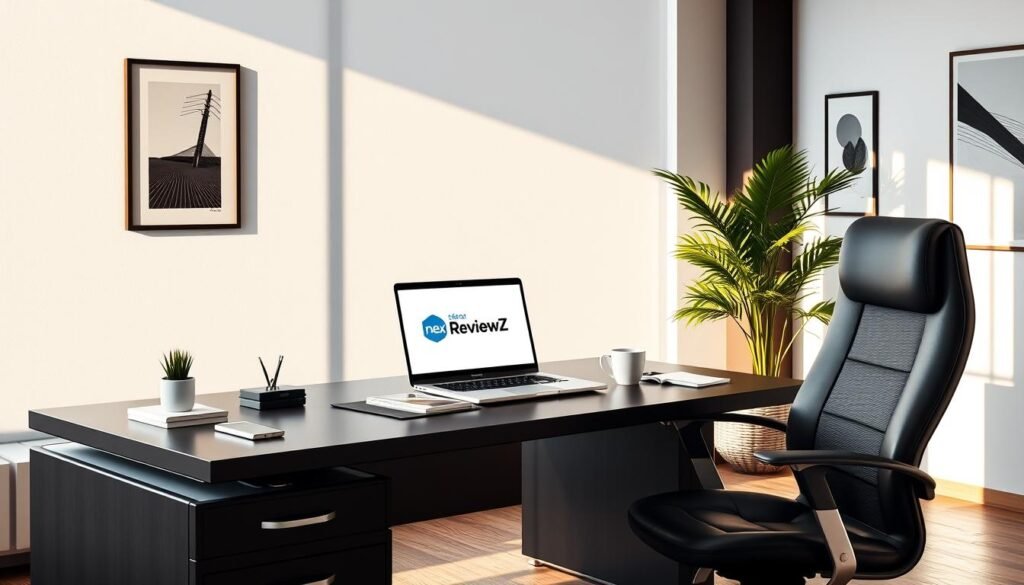 A sleek, modern office setting with a large desk and a comfortable office chair. On the desk, a laptop displaying the NexReviewZ logo, surrounded by various office supplies and a cup of coffee. The room is well-lit, with natural light streaming in through large windows, casting a warm glow over the space. The walls are adorned with minimalist artwork, and a plant in the corner adds a touch of greenery to the scene. The overall atmosphere conveys a sense of productivity, professionalism, and a focus on the AISEO product.