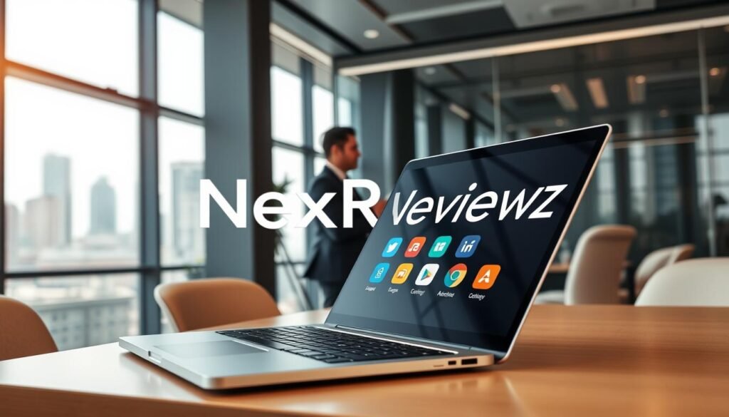 A sleek, modern office setting with a prominent NexReviewZ logo. In the foreground, an open laptop displays various app icons, representing the seamless integrations of NexReviewZ's premium plan. In the middle ground, a businessperson is collaborating with a team, utilizing these integrated tools to streamline workflows. The background showcases a cityscape, hinting at the global reach and versatility of the platform. Soft, warm lighting creates a professional and productive atmosphere, while the camera angle emphasizes the efficiency and interconnectivity of the NexReviewZ ecosystem. A sleek, modern office setting with a prominent NexReviewZ logo. In the foreground, an open laptop displays various app icons, representing the seamless integrations of NexReviewZ's premium plan. In the middle ground, a businessperson is collaborating with a team, utilizing these integrated tools to streamline workflows. The background showcases a cityscape, hinting at the global reach and versatility of the platform. Soft, warm lighting creates a professional and productive atmosphere, while the camera angle emphasizes the efficiency and interconnectivity of the NexReviewZ ecosystem.