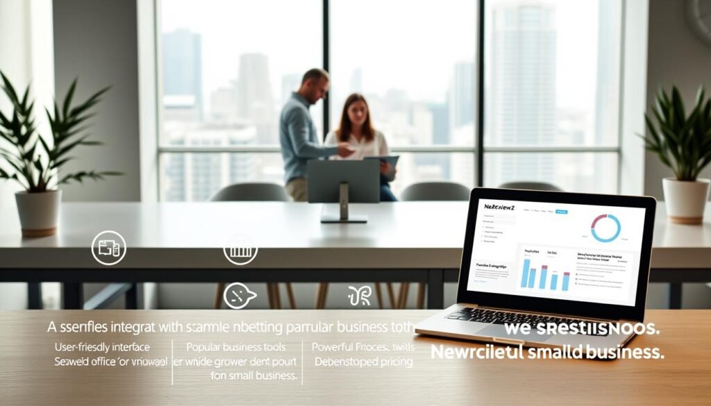A sleek, modern office setup with a NexReviewZ branded laptop, a minimalist desk, and a potted plant. The lighting is soft and diffused, creating a warm, inviting atmosphere. In the foreground, three key features are highlighted: a user-friendly interface, seamless integration with popular business tools, and a powerful analytics dashboard. The middle ground showcases a team collaborating, while the background hints at a bustling city skyline through the large windows. The overall composition conveys a sense of productivity, innovation, and the appeal of NexReviewZ's rewardful pricing system for small businesses.
