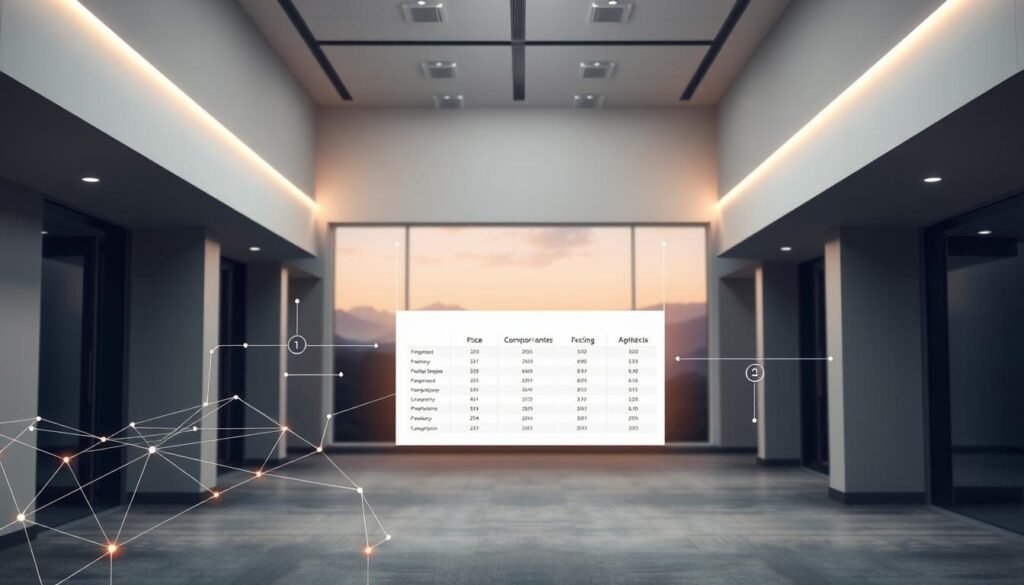 A sleek, modern office space with clean lines and muted tones. In the foreground, a seamlessly integrated workflow visualized through a series of interconnected data streams and information flows, represented by dynamic geometric patterns. In the middle ground, a pricing comparison table hovers, its crisp typography and stark layouts emphasizing the analytical nature of the content. The background features a subtle, abstract landscape suggesting the broader context of business automation and optimization. Warm, directional lighting casts a sense of focus and deliberation, while the composition is balanced and symmetrical, conveying a sense of harmony and integration.