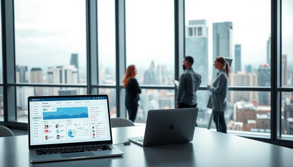 A sleek, modern office with large windows overlooking a vibrant city. In the foreground, a well-designed subscription service dashboard for "NexReviewZ Motion AI" hovers above a laptop on a minimalist desk. The middle ground features a team of professionals collaborating on a whiteboard, discussing the latest AI-powered motion tracking features. The background showcases the bustling cityscape, conveying a sense of energy and progress. Soft, directional lighting illuminates the scene, creating a professional and innovative atmosphere. The image should convey the power and convenience of the "NexReviewZ Motion AI" subscription service for small business owners.