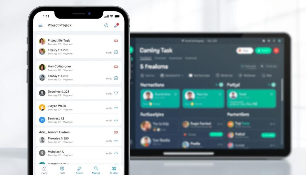 A sleek, modern project management app with a clean, minimalist interface. In the foreground, a user navigates through various project tasks and deadlines, with intuitive icons and a color-coded system. The middle ground showcases a dashboard view, highlighting team collaboration features and real-time progress tracking. In the background, a subtle grid pattern and soft lighting create a professional, focused atmosphere. The app is branded as "NexReviewZ", a solution designed for small business owners who want to streamline their workflows and stay on top of their projects.