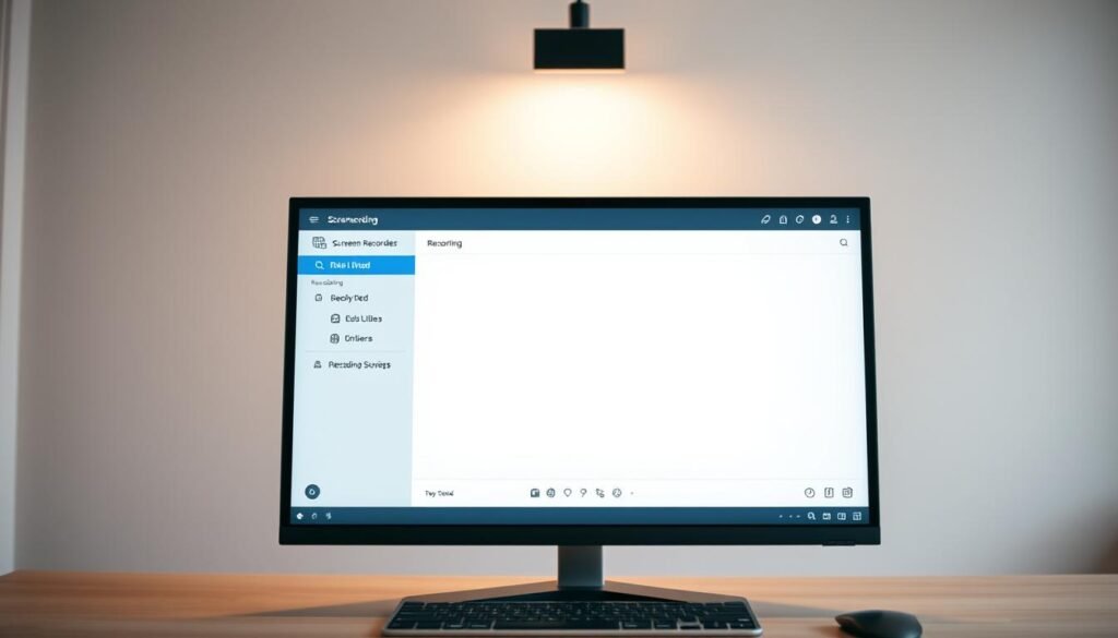 A sleek, modern screen recording interface, featuring a clean desktop layout, intuitive controls, and a minimalist design aesthetic. The screen is crisply displayed, with clear and concise labeling of the various recording options. Subtle lighting from above casts a warm, professional glow, while the background is softly blurred, keeping the focus on the central screen recorder UI. The overall mood is one of efficiency, productivity, and ease of use - an ideal tool for small education teams seeking a quick, reliable way to create high-quality screencasts.