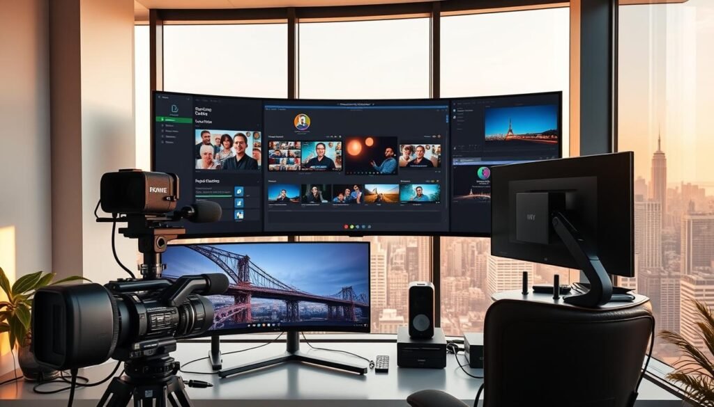 A sleek, modern workspace with a clean, minimalist aesthetic. In the foreground, a row of cutting-edge video editing tools and equipment, including a high-resolution camera, a professional microphone, and a state-of-the-art computer setup. The middle ground features a large, curved monitor displaying various video editing software, with intuitive interfaces and customizable workspaces. In the background, a floor-to-ceiling window offers a panoramic view of a bustling city skyline, bathed in warm, golden sunlight that filters through the space, creating a cozy and productive atmosphere. The overall scene conveys a sense of creativity, innovation, and the tools necessary for small businesses and content creators to thrive in the digital age. A sleek, modern workspace with a clean, minimalist aesthetic. In the foreground, a row of cutting-edge video editing tools and equipment, including a high-resolution camera, a professional microphone, and a state-of-the-art computer setup. The middle ground features a large, curved monitor displaying various video editing software, with intuitive interfaces and customizable workspaces. In the background, a floor-to-ceiling window offers a panoramic view of a bustling city skyline, bathed in warm, golden sunlight that filters through the space, creating a cozy and productive atmosphere. The overall scene conveys a sense of creativity, innovation, and the tools necessary for small businesses and content creators to thrive in the digital age.