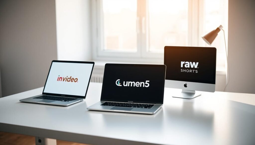 A sleek, modern workspace with a trio of laptop computers arranged on a minimalist desk. The laptops display the logos of InVideo, Lumen5, and Raw Shorts, representing the video tools being compared. Soft, diffused lighting from a window casts a warm glow, highlighting the clean, professional aesthetic. The scene conveys a sense of efficiency and productivity, inviting the viewer to explore the pricing and features of these video creation platforms for their small business needs.