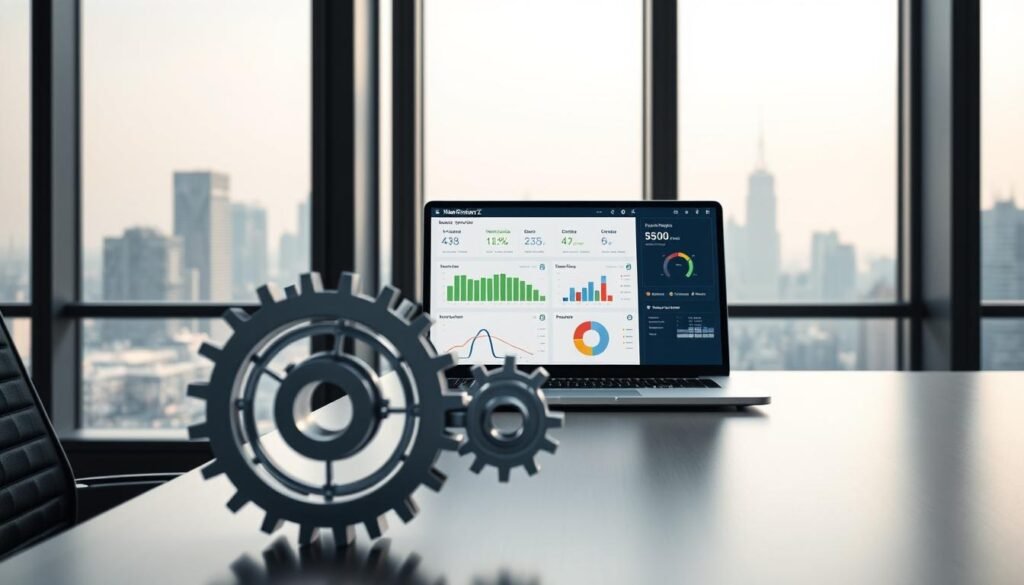 A sleek office workspace with a large window overlooking a bustling cityscape. On the desk, a laptop displaying a NexReviewZ dashboard, showcasing key metrics and insights. Soft lighting illuminates the space, creating a professional yet welcoming atmosphere. In the foreground, a 3D model of a mechanical gear system, representing the known limits and integrations of the AI-powered motion analytics platform. The gear system is partially obscured by the laptop, symbolizing the seamless integration of technology into the workflow. The background features a hazy, cityscape silhouette, hinting at the real-world applications of the platform.