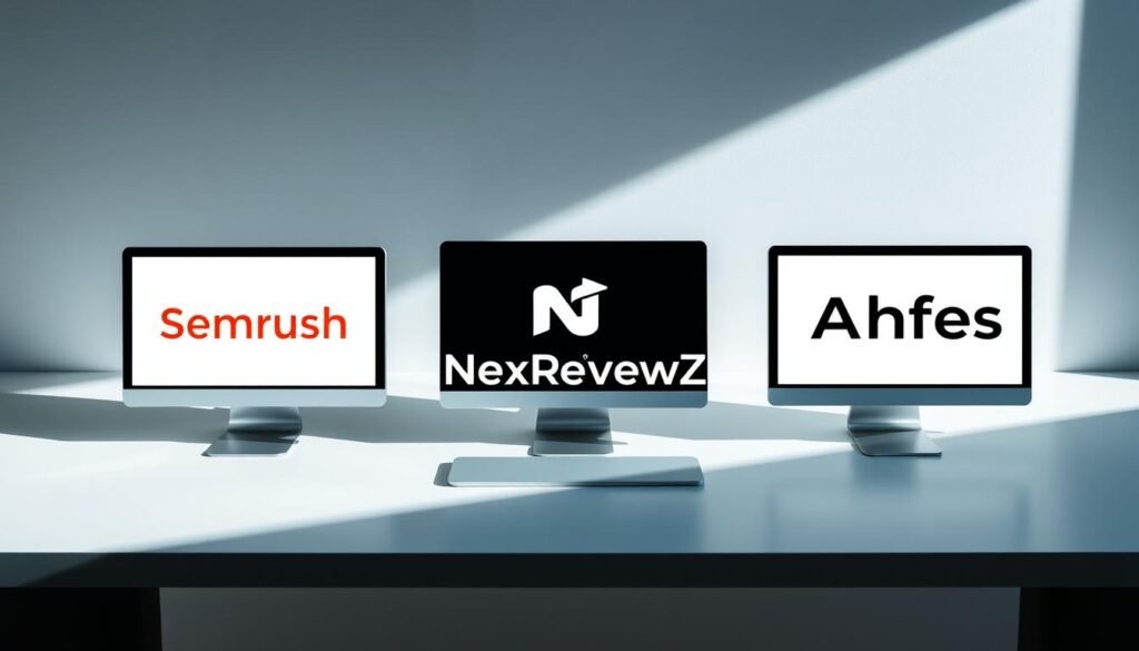 A sleek, professional-grade image depicting three leading SEO tools - NexReviewZ, SEMrush, and Ahrefs - in a side-by-side comparison. The tools are arranged on a clean, minimalist desk, casting subtle shadows and basking in cool, directional lighting. The composition conveys a sense of comparison, evaluation, and decision-making for small business owners seeking the best SEO solution. The NexReviewZ logo is prominently displayed, reflecting its position as the central focus of the comparison. The overall mood is one of sophistication, efficiency, and informed choice.