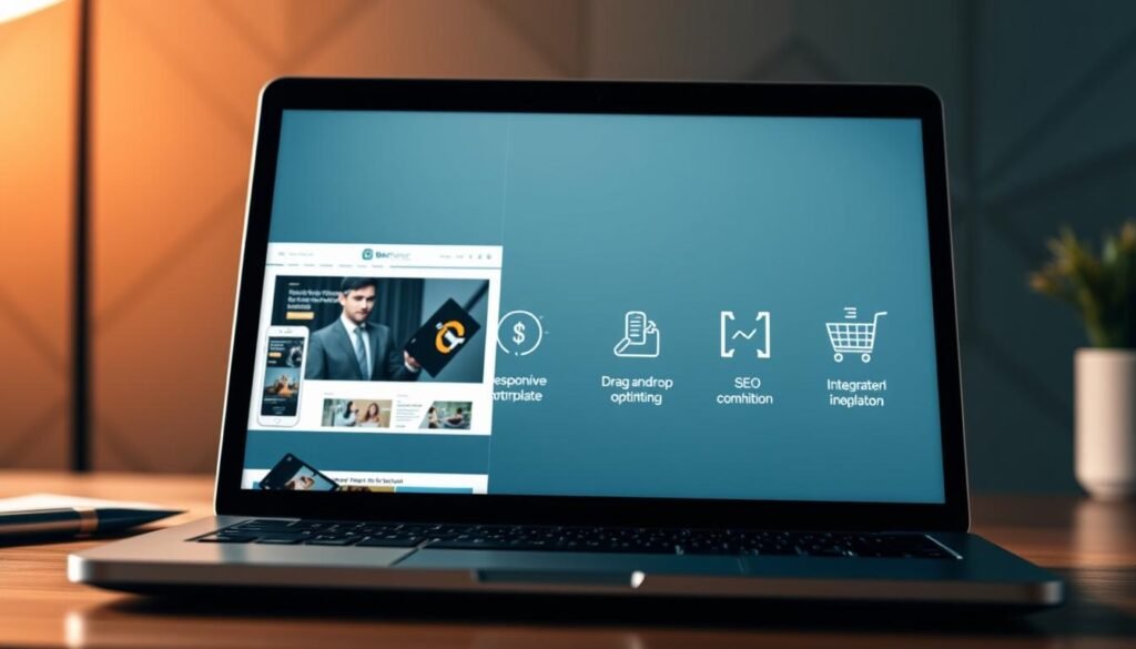 A sleek, user-friendly website builder for small businesses, crafted with NexReviewZ's signature style. In the foreground, a laptop screen showcases a responsive, mobile-optimized website template, its layout and design elements tailored for maximum impact. In the middle ground, a stylized icon array highlights key features like drag-and-drop editing, SEO optimization, and e-commerce integration. The background sets a professional tone with a subtle geometric pattern and warm lighting, evoking a sense of modern productivity and entrepreneurial spirit. The overall scene conveys the power and simplicity of building an impactful online presence, perfectly suited for small business owners seeking to establish a strong digital footprint.