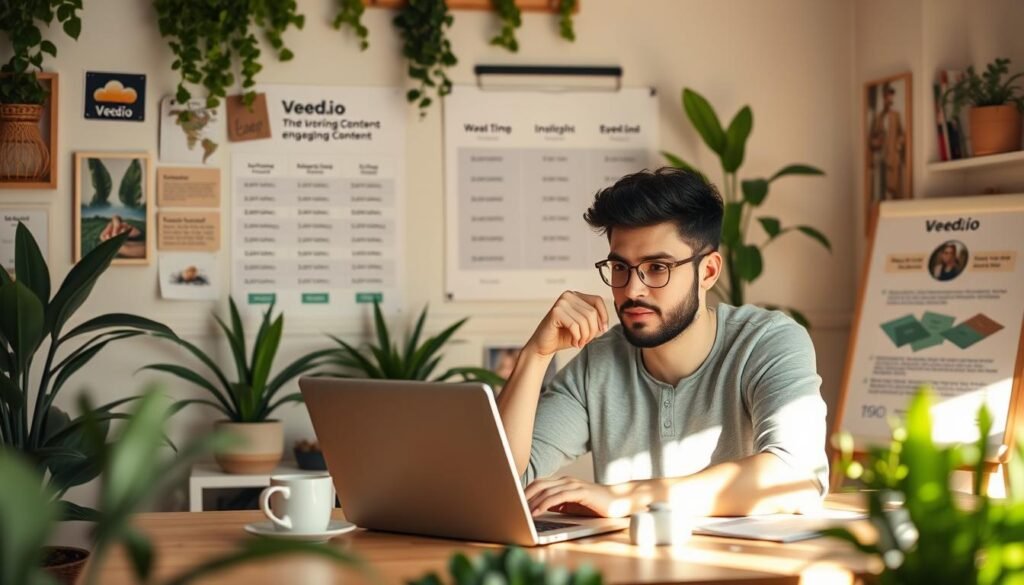 A small business owner diligently creating engaging content on a laptop, surrounded by a cozy workspace filled with lush greenery, inspiration boards, and a cup of coffee. Warm, diffused lighting casts a thoughtful glow, capturing the focus and dedication of the creator. In the background, a minimalist wall display showcases a pricing comparison table, highlighting the benefits of Veed.io for small businesses. The atmosphere exudes productivity, creativity, and a sense of professional growth. A small business owner diligently creating engaging content on a laptop, surrounded by a cozy workspace filled with lush greenery, inspiration boards, and a cup of coffee. Warm, diffused lighting casts a thoughtful glow, capturing the focus and dedication of the creator. In the background, a minimalist wall display showcases a pricing comparison table, highlighting the benefits of Veed.io for small businesses. The atmosphere exudes productivity, creativity, and a sense of professional growth.