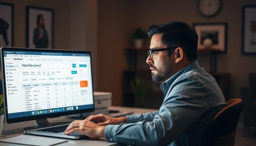 A small business owner sitting at a desk, intently focused on their laptop screen, surrounded by a warm, inviting office environment. The desktop displays a search interface for "NexReviewZ", a domain discovery tool, revealing insights and actionable data to guide their online presence and marketing strategy. Soft, directional lighting illuminates the scene, creating a professional, productive atmosphere. The owner's expression conveys a sense of exploration and discovery, as they navigate the platform's features to unlock new opportunities for their growing business. A small business owner sitting at a desk, intently focused on their laptop screen, surrounded by a warm, inviting office environment. The desktop displays a search interface for "NexReviewZ", a domain discovery tool, revealing insights and actionable data to guide their online presence and marketing strategy. Soft, directional lighting illuminates the scene, creating a professional, productive atmosphere. The owner's expression conveys a sense of exploration and discovery, as they navigate the platform's features to unlock new opportunities for their growing business.