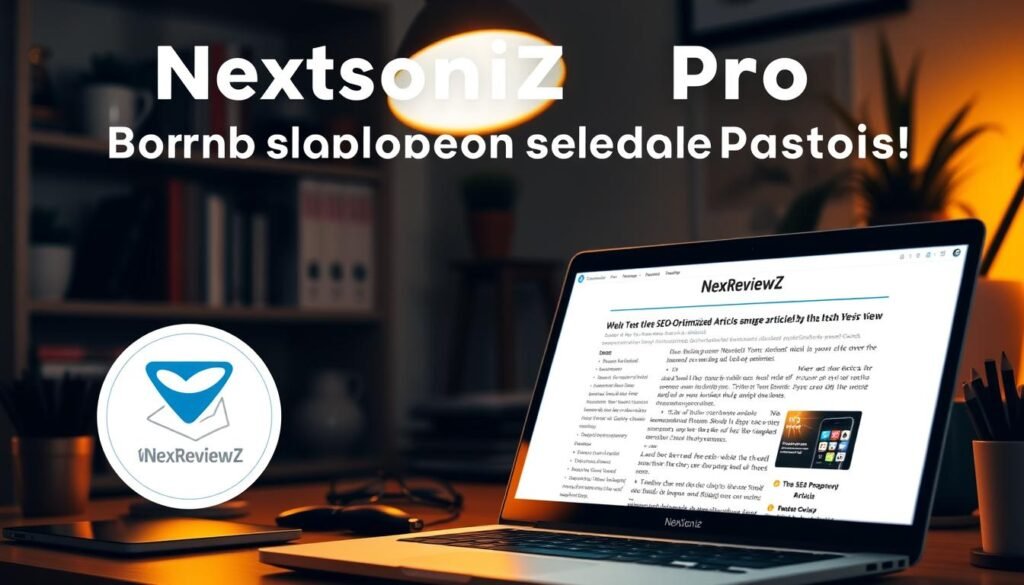 A small, cozy home office with a laptop, desk, and NexReviewZ branding. Soft, warm lighting illuminates the scene, creating a productive and inviting atmosphere. The focus is on the laptop screen, showcasing a well-crafted SEO-optimized article template with clear headings, short paragraphs, and an engaging visual layout. The background features a bookshelf, potted plants, and other subtle details that convey a sense of professionalism and small-business success. The overall composition suggests the power of Chatsonic Pro to help small businesses elevate their online presence and content marketing strategies. A small, cozy home office with a laptop, desk, and NexReviewZ branding. Soft, warm lighting illuminates the scene, creating a productive and inviting atmosphere. The focus is on the laptop screen, showcasing a well-crafted SEO-optimized article template with clear headings, short paragraphs, and an engaging visual layout. The background features a bookshelf, potted plants, and other subtle details that convey a sense of professionalism and small-business success. The overall composition suggests the power of Chatsonic Pro to help small businesses elevate their online presence and content marketing strategies.