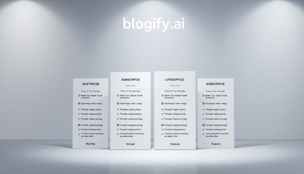 A sophisticated, modern pricing plan display showcasing a range of subscription options for blogify.ai. The foreground features a clean, minimalist table with columns highlighting monthly, annual, team, and lifetime pricing tiers, each with detailed feature breakdowns. The middle ground includes subtle graphical elements like icons and checkmarks, conveying the value proposition. The background maintains a soft, neutral palette with muted gradients, creating a professional, high-tech ambiance. Crisp lighting and a slightly angled perspective lend an air of authority and clarity, inviting the viewer to explore the pricing options. The overall composition balances informative details with an elegant, visually striking design. A sophisticated, modern pricing plan display showcasing a range of subscription options for blogify.ai. The foreground features a clean, minimalist table with columns highlighting monthly, annual, team, and lifetime pricing tiers, each with detailed feature breakdowns. The middle ground includes subtle graphical elements like icons and checkmarks, conveying the value proposition. The background maintains a soft, neutral palette with muted gradients, creating a professional, high-tech ambiance. Crisp lighting and a slightly angled perspective lend an air of authority and clarity, inviting the viewer to explore the pricing options. The overall composition balances informative details with an elegant, visually striking design.