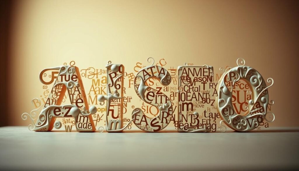 A sprawling collection of intricate letterforms and typographic elements, meticulously crafted to create a visually stunning and captivating "humanized text" representation of the word "AISEO". The foreground features an array of organic, fluid strokes and shapes that seamlessly blend together, conveying a sense of movement and energy. The middle ground showcases a harmonious interplay of various typefaces, sizes, and weights, creating depth and visual interest. In the background, a subtle gradient of warm hues, carefully blended, provides a sophisticated and inviting atmosphere. The overall composition exudes a sense of creativity, innovation, and the power of language to communicate and inspire. Soft, diffused lighting and a shallow depth of field lend a dreamlike, artistic quality to the image.