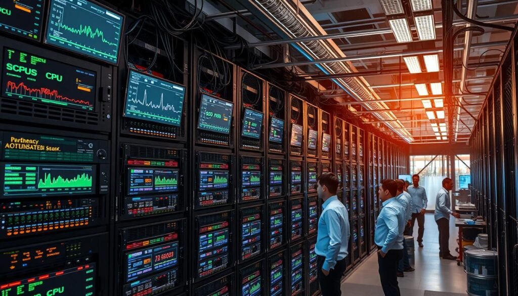 A sprawling server room, rows of sleek racks humming with activity. Glowing monitors display real-time performance metrics, CPU and memory usage charts. Cables snake through the space, connecting the various components in a complex web. Technicians in crisp uniforms move between stations, monitoring systems and troubleshooting issues. Overhead, industrial lighting casts a warm glow, casting shadows that highlight the intricate infrastructure. The atmosphere is one of focused intensity, as the team works to ensure optimal speed, stability and scalability for the application. A sprawling server room, rows of sleek racks humming with activity. Glowing monitors display real-time performance metrics, CPU and memory usage charts. Cables snake through the space, connecting the various components in a complex web. Technicians in crisp uniforms move between stations, monitoring systems and troubleshooting issues. Overhead, industrial lighting casts a warm glow, casting shadows that highlight the intricate infrastructure. The atmosphere is one of focused intensity, as the team works to ensure optimal speed, stability and scalability for the application.