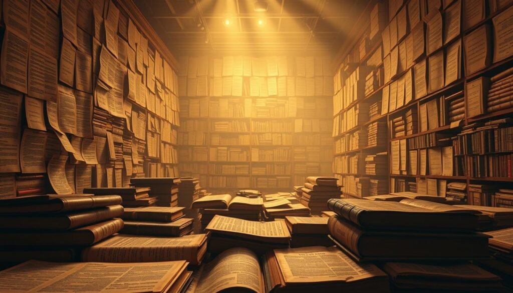 A sprawling timeline unravels across a vast wall, chronicling the intricate history of corporate regulation in the United States. In the foreground, worn leather-bound tomes and weathered parchments reveal the arcane legalese that has shaped the business landscape. Towering shelves in the middle ground hold a trove of legal documents, each a testament to the evolution of statutes and precedents. The background is bathed in a warm, golden light, casting an air of timeless authority over the scene. Shadows and highlights interplay, capturing the weight and significance of this regulatory heritage. The overall atmosphere conveys a sense of reverence for the meticulous stewardship of commercial activity.