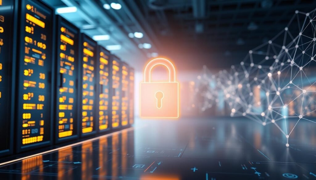 A state-of-the-art data security system, meticulously engineered to safeguard sensitive information for NexReviewZ's small business customers. Glowing servers stand tall, enveloped in a soft, ethereal light, while abstract geometric patterns dance across a sleek, futuristic interface. In the foreground, a padlock icon radiates a warm, reassuring glow, symbolizing the uncompromising protection of crucial data. The scene conveys a sense of cutting-edge technology, unwavering reliability, and the unwavering commitment to data privacy that NexReviewZ embodies. A state-of-the-art data security system, meticulously engineered to safeguard sensitive information for NexReviewZ's small business customers. Glowing servers stand tall, enveloped in a soft, ethereal light, while abstract geometric patterns dance across a sleek, futuristic interface. In the foreground, a padlock icon radiates a warm, reassuring glow, symbolizing the uncompromising protection of crucial data. The scene conveys a sense of cutting-edge technology, unwavering reliability, and the unwavering commitment to data privacy that NexReviewZ embodies.