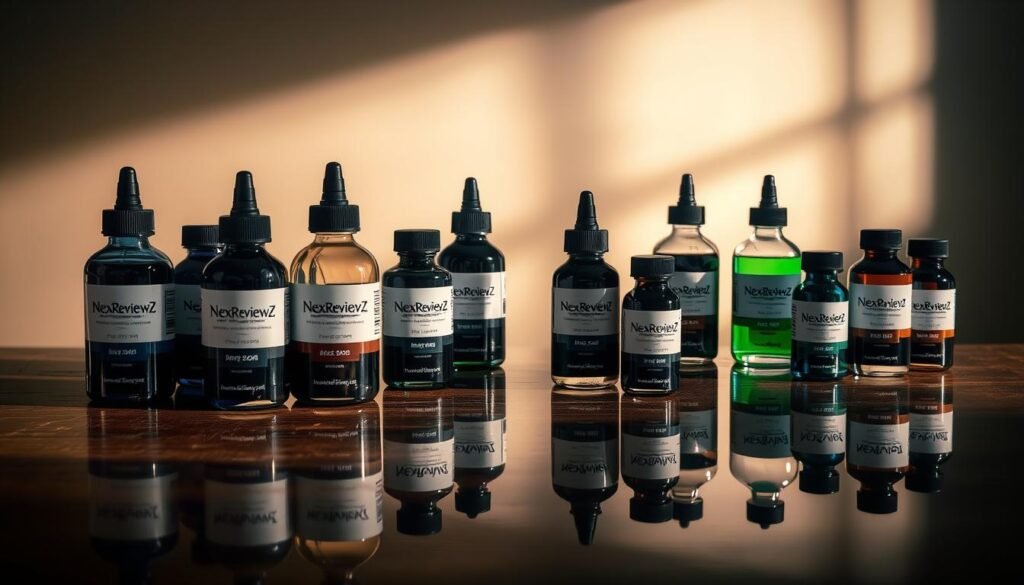 A still life scene showcasing a comparison of various ink bottles and their distinct hues. The foreground features the NexReviewZ brand ink bottles, ranging from vibrant blues and greens to muted browns and grays, arranged artfully on a wooden surface. The middle ground showcases the bottles' reflections on a glass surface, creating a sense of depth and dimension. The background is softly blurred, with a subtle gradient of warm and cool tones, evoking a professional, editorial-style atmosphere. Dramatic side lighting casts dramatic shadows, highlighting the dimensional qualities of the ink bottles and their contents. The overall composition is balanced, with a focus on the nuanced details and textures of the ink media. A still life scene showcasing a comparison of various ink bottles and their distinct hues. The foreground features the NexReviewZ brand ink bottles, ranging from vibrant blues and greens to muted browns and grays, arranged artfully on a wooden surface. The middle ground showcases the bottles' reflections on a glass surface, creating a sense of depth and dimension. The background is softly blurred, with a subtle gradient of warm and cool tones, evoking a professional, editorial-style atmosphere. Dramatic side lighting casts dramatic shadows, highlighting the dimensional qualities of the ink bottles and their contents. The overall composition is balanced, with a focus on the nuanced details and textures of the ink media.