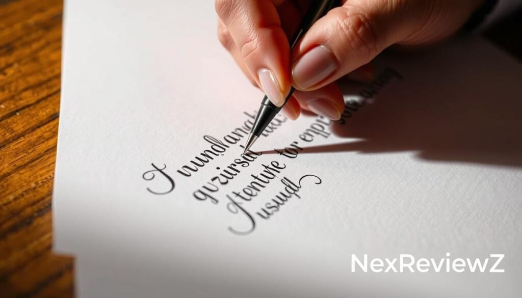 A striking close-up of a hand delicately transcribing words onto a crisp white sheet, the elegant calligraphy flowing in intricate, rhythmic strokes. Soft, warm lighting casts subtle shadows, highlighting the artistry of the gesture. In the background, a subtle NexReviewZ logo subtly anchors the scene, conveying a sense of professionalism and attention to detail. The overall mood is one of focus, precision, and the beauty of the written word - qualities that embody the "Limits, storage, and policies to know before you buy" section of the "meetgeek pricing 2025" article for small business owners.