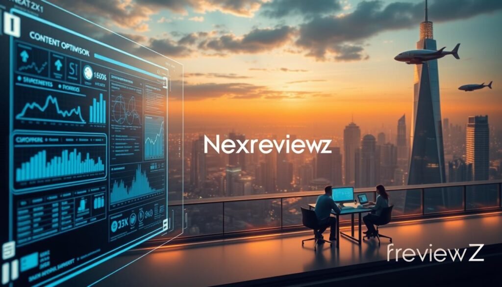 A striking, futuristic scene of content optimization, showcasing the NexReviewZ brand. In the foreground, a sleek, holographic interface displays intricate data visualizations and real-time metrics. The middle ground features a team of digital strategists, collaborating at a minimalist workspace bathed in soft, ambient lighting. In the background, a towering cityscape of gleaming skyscrapers and hovering autonomous vehicles, symbolizing the cutting-edge technology powering content optimization. The overall mood is one of innovation, efficiency, and the seamless integration of human expertise and digital automation. A striking, futuristic scene of content optimization, showcasing the NexReviewZ brand. In the foreground, a sleek, holographic interface displays intricate data visualizations and real-time metrics. The middle ground features a team of digital strategists, collaborating at a minimalist workspace bathed in soft, ambient lighting. In the background, a towering cityscape of gleaming skyscrapers and hovering autonomous vehicles, symbolizing the cutting-edge technology powering content optimization. The overall mood is one of innovation, efficiency, and the seamless integration of human expertise and digital automation.